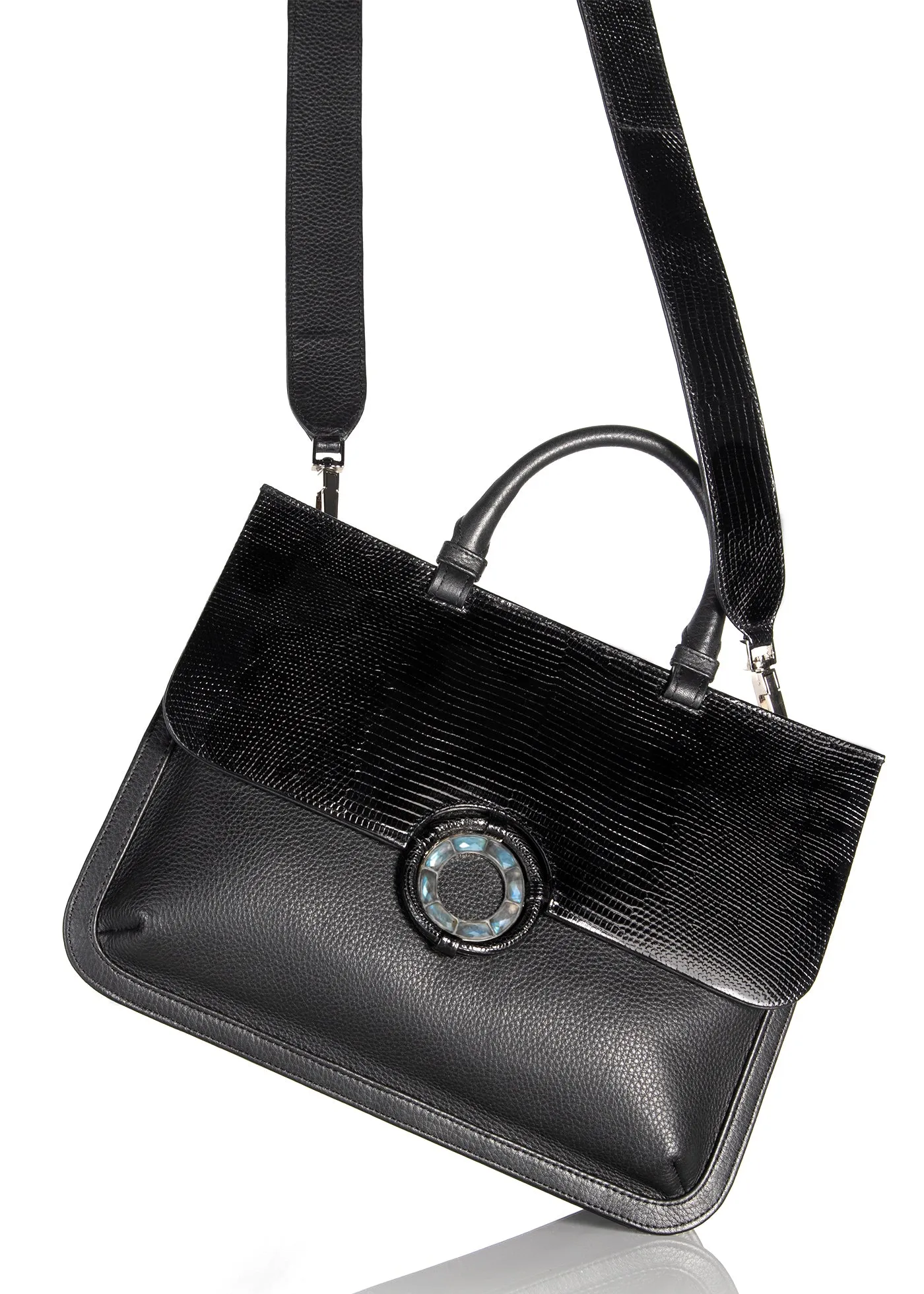 Sydney Convertible Satchel, Black Lizard & Leather, Labradorite Grommet