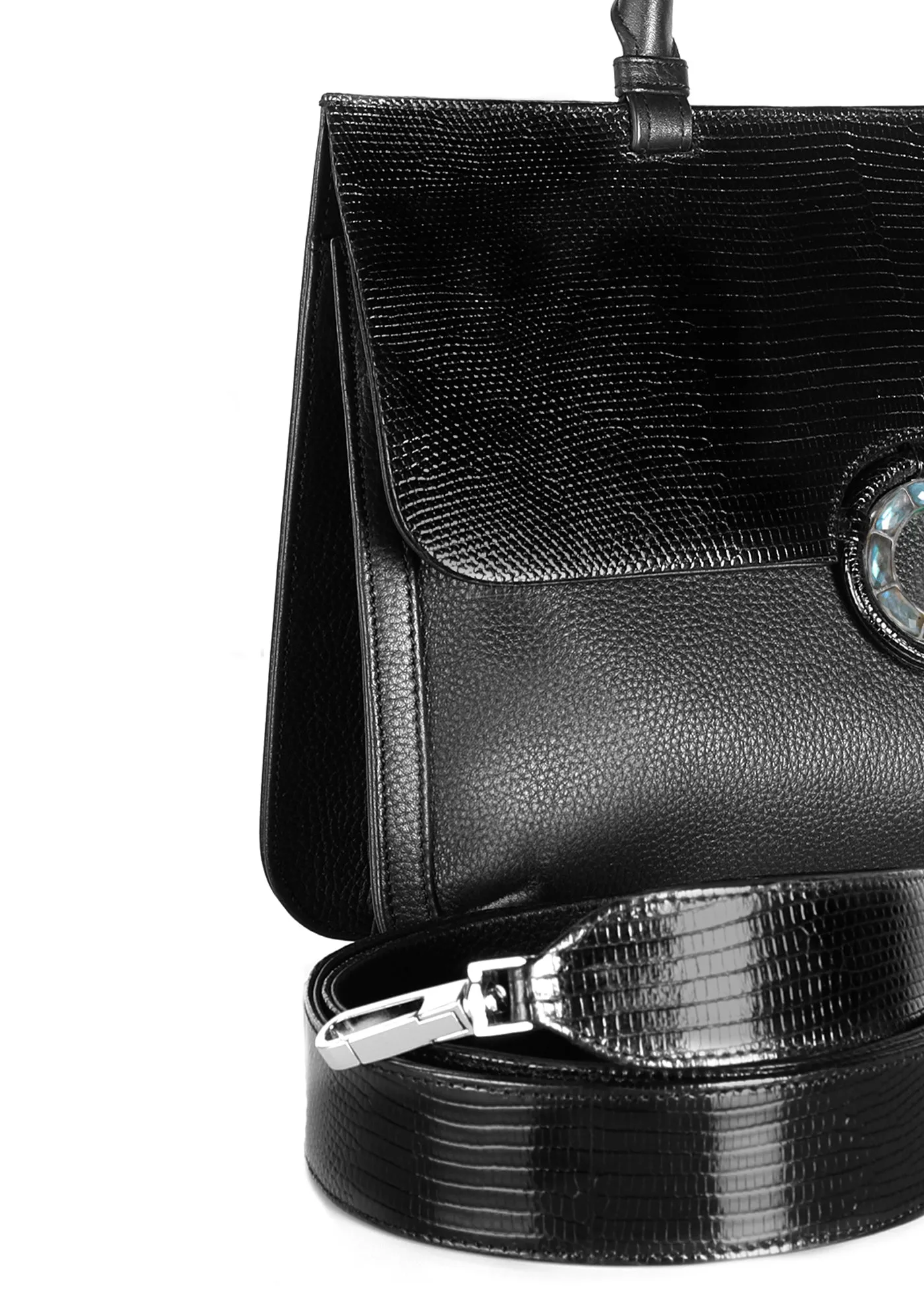 Sydney Convertible Satchel, Black Lizard & Leather, Labradorite Grommet