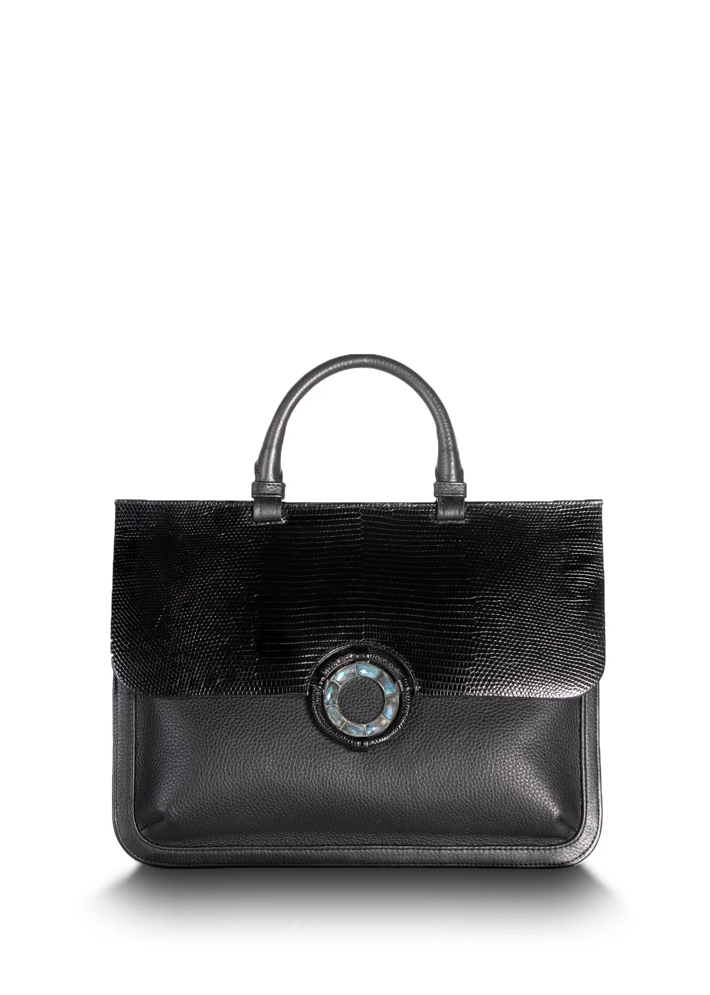 Sydney Convertible Satchel, Black Lizard & Leather, Labradorite Grommet