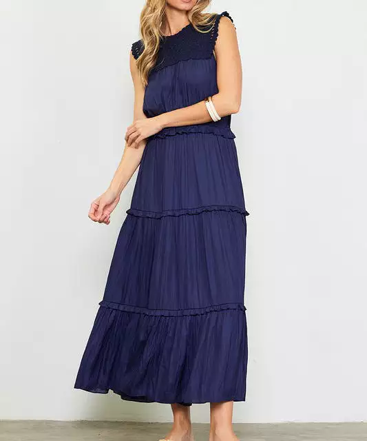 Tiered Maxi Dress with Lace Detailing -  Navy