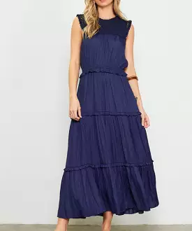 Tiered Maxi Dress with Lace Detailing -  Navy