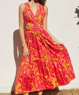 Tropical Print O Ring Cut Out Midi Dress - Sunset Fuchsia