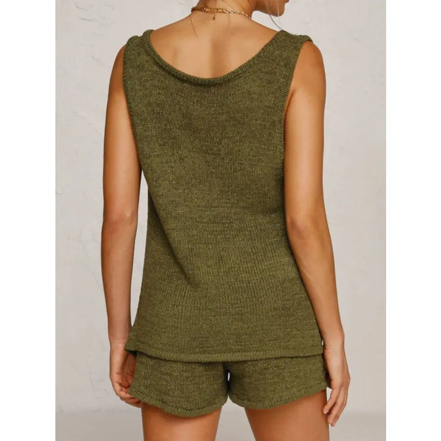 V-Neck Sleeveless Top and Drawstring Shorts Sweater Set