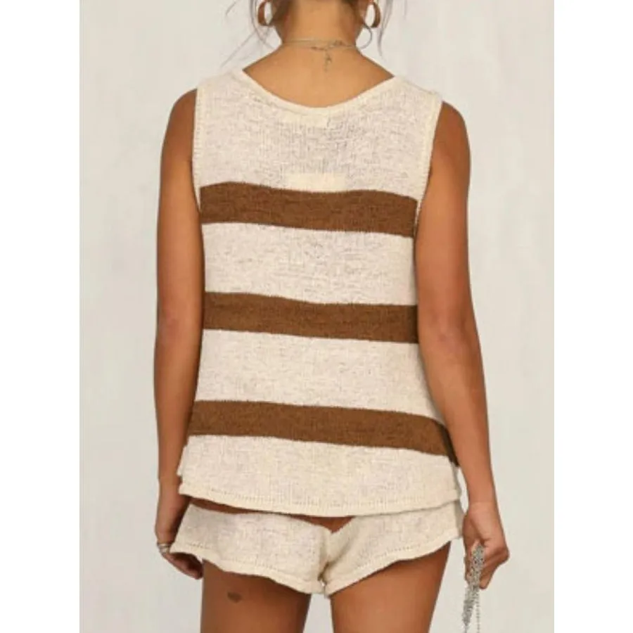 V-Neck Sleeveless Top and Drawstring Shorts Sweater Set