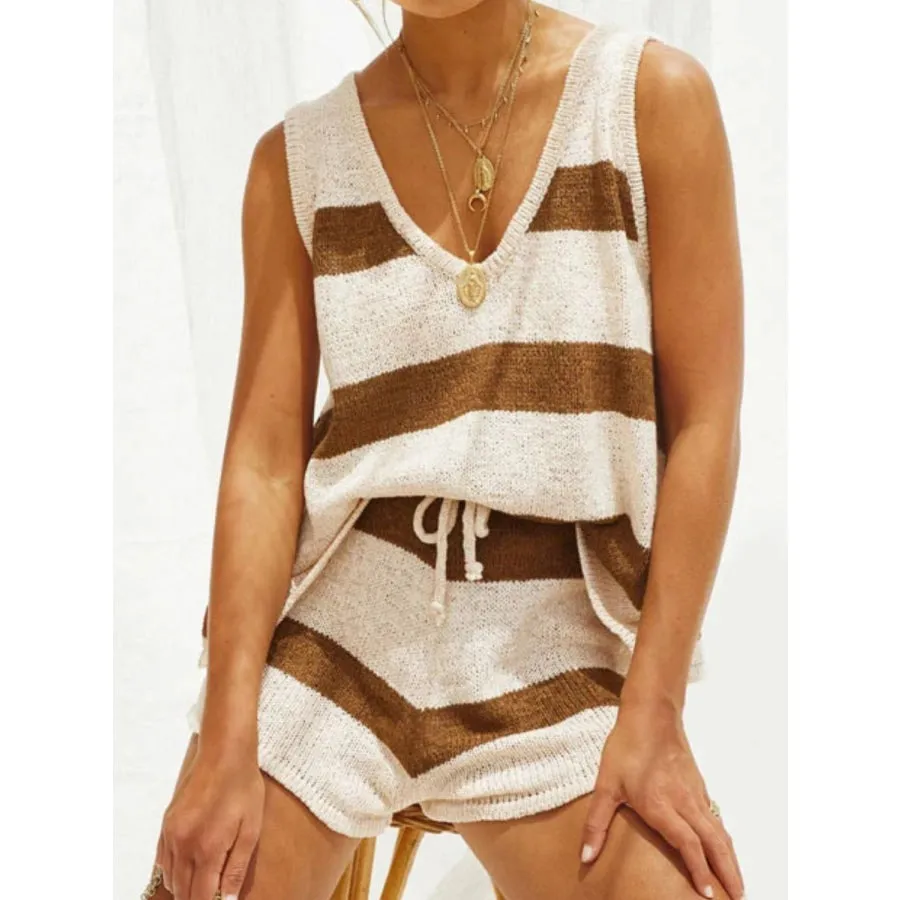 V-Neck Sleeveless Top and Drawstring Shorts Sweater Set