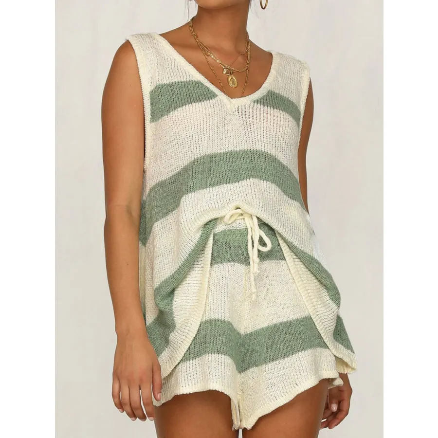 V-Neck Sleeveless Top and Drawstring Shorts Sweater Set