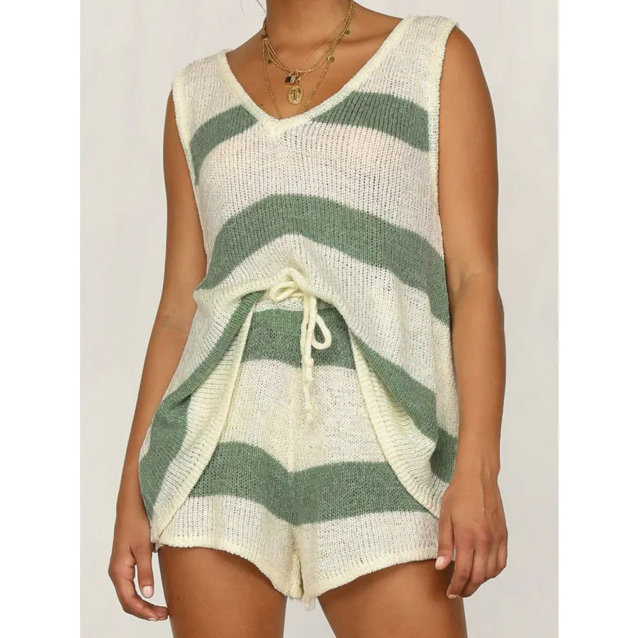 V-Neck Sleeveless Top and Drawstring Shorts Sweater Set