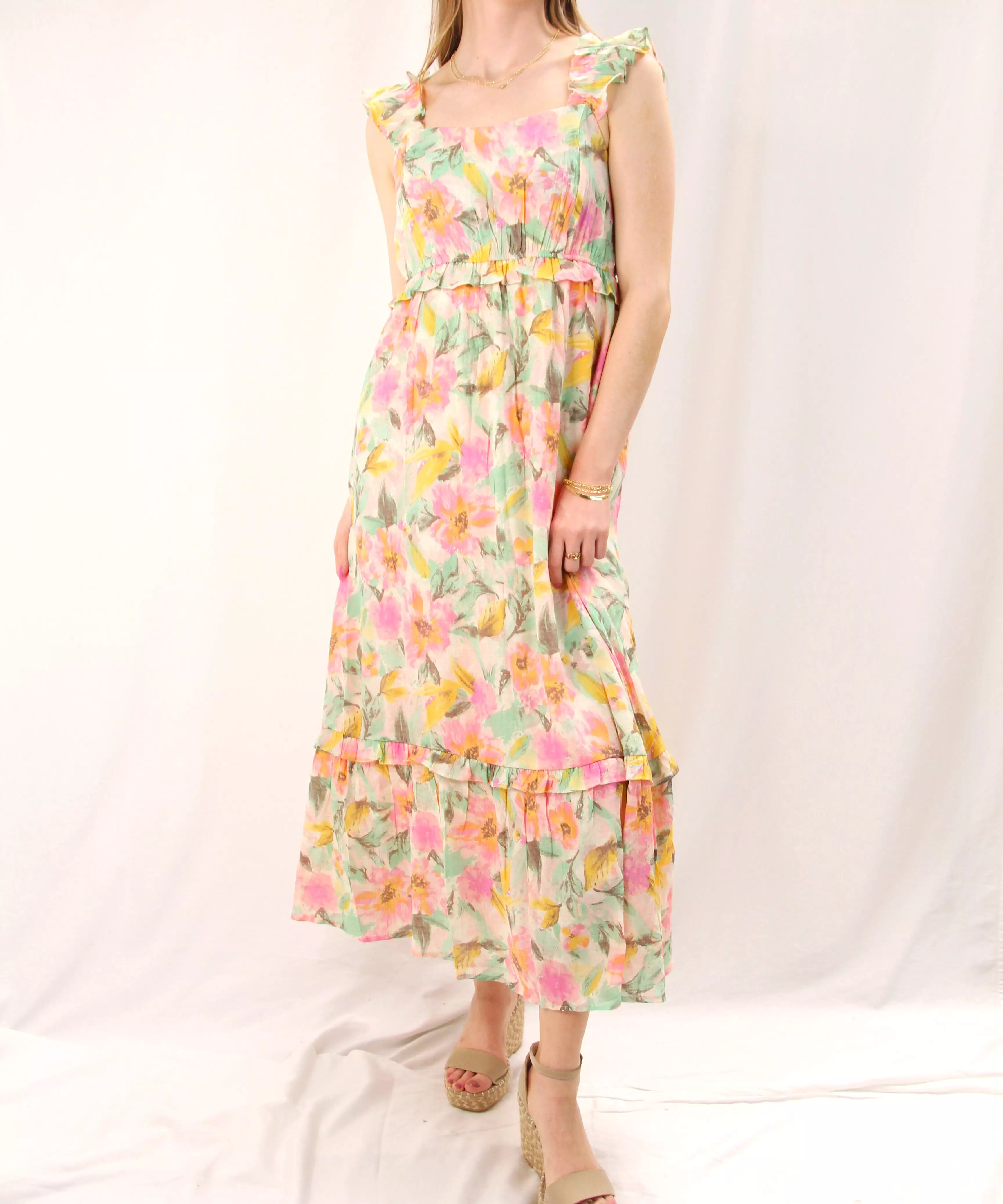 Watercolor Floral Midi Dress - Ivory Multi