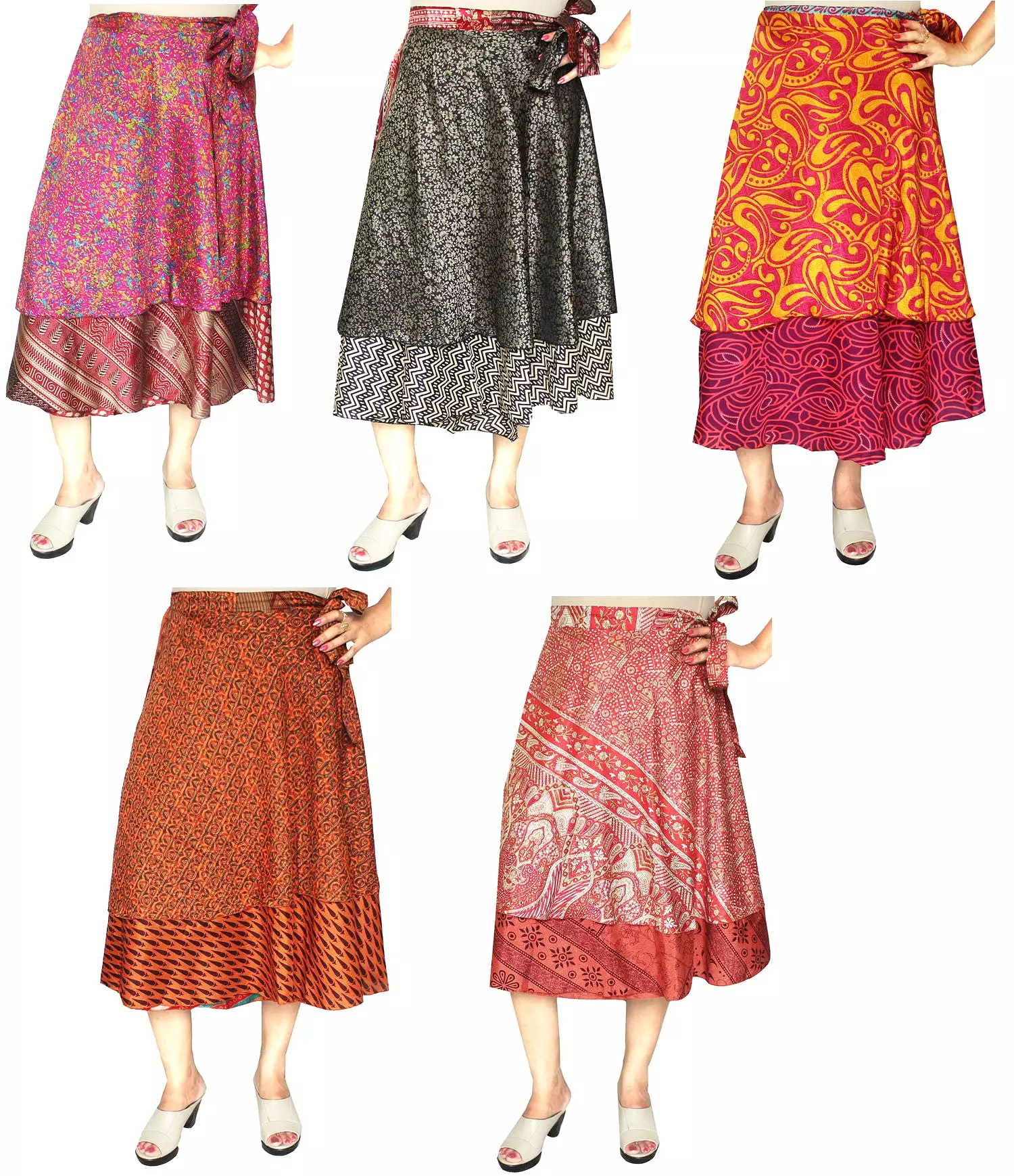 Wholesale 5 Pcs Lot Two Layers Women's Indian Sari Magic Wrap Skirt