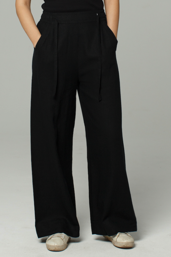 Wide Leg Linen Drawstring Pants | Black