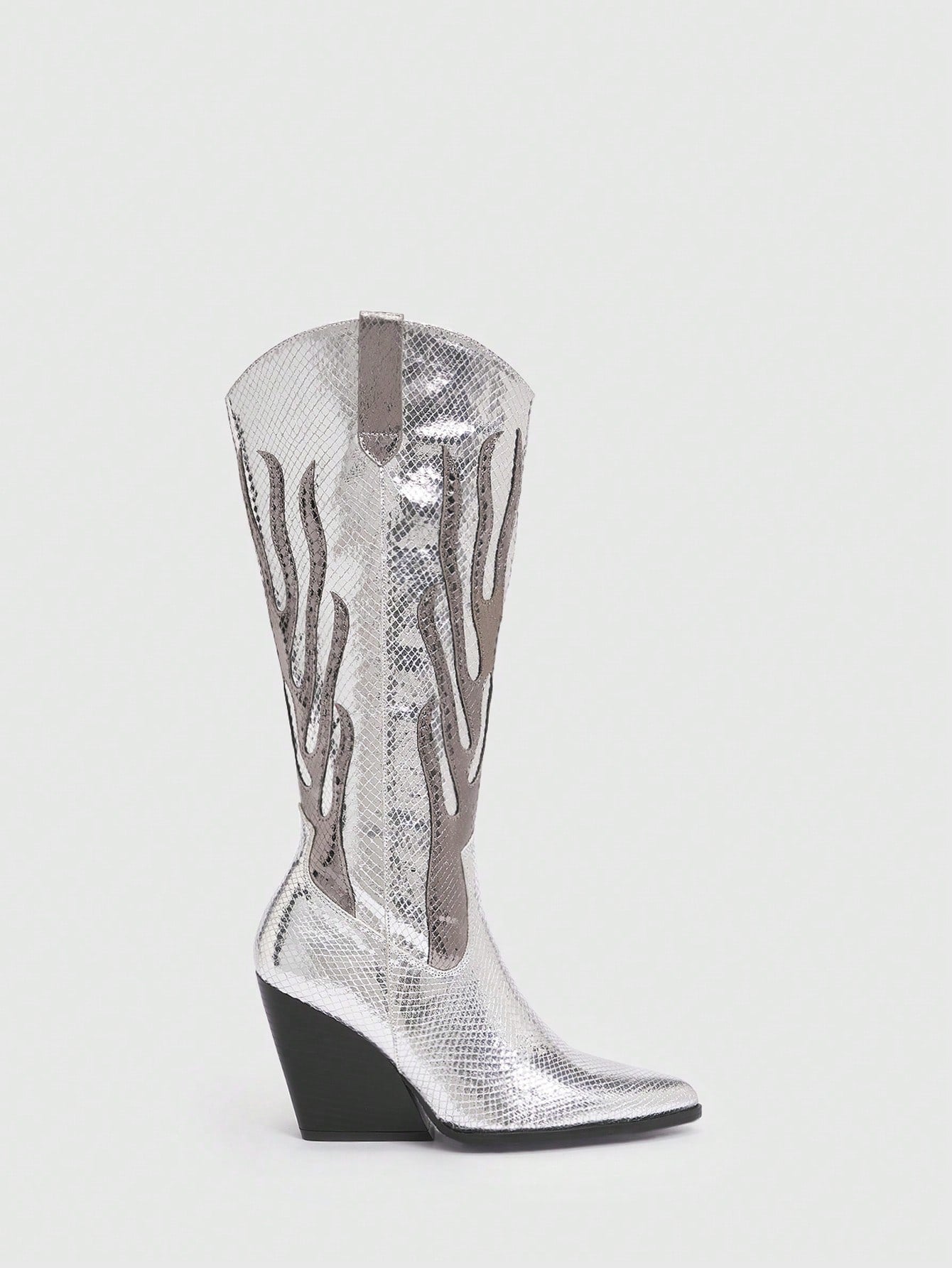 Woman Shoes Snakeskin Design Fashion Point Toe Silver Chunky Boots Valentines Day