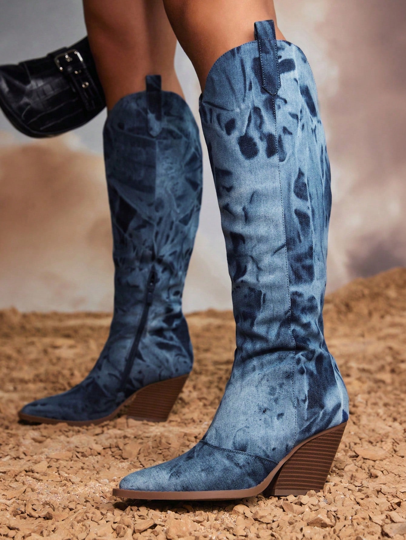 Woman Shoes Stylish Point Toe Blue ColorBlock Slip-On Knee High Western Boots