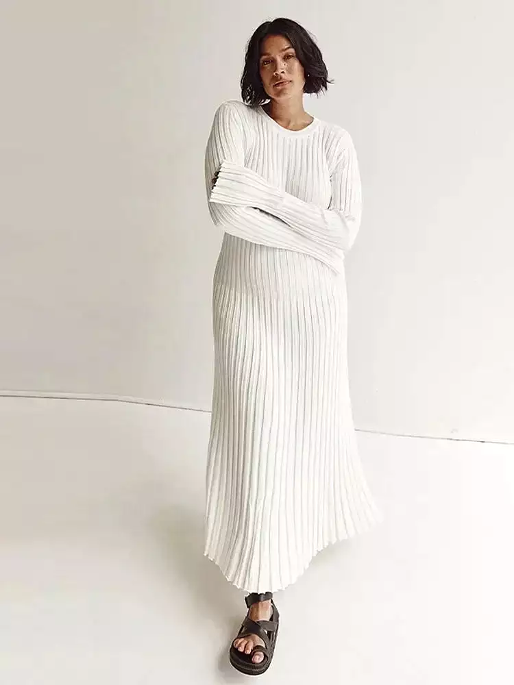 Women Knitted Long Dress Long Sleeve Pleated Dresses Maxi Dress