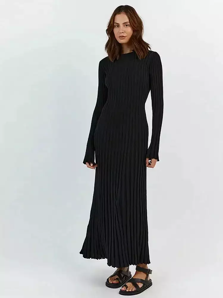 Women Knitted Long Dress Long Sleeve Pleated Dresses Maxi Dress