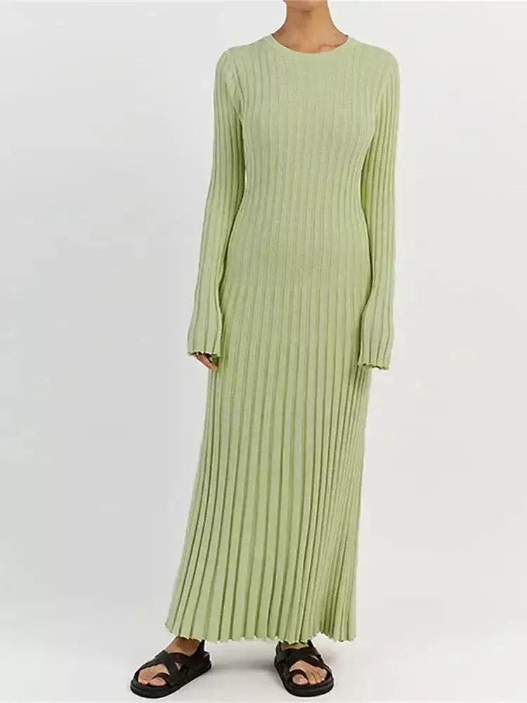 Women Knitted Long Dress Long Sleeve Pleated Dresses Maxi Dress