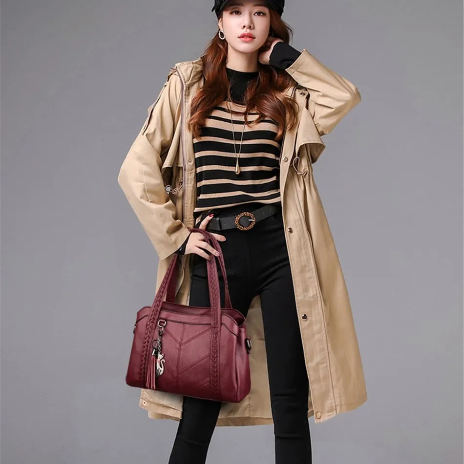 Women's Casual Soft Leather 3 layers Crossbody Messenger Handbags