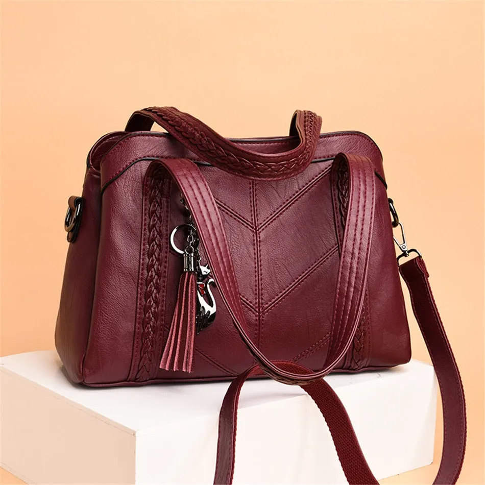 Women's Casual Soft Leather 3 layers Crossbody Messenger Handbags