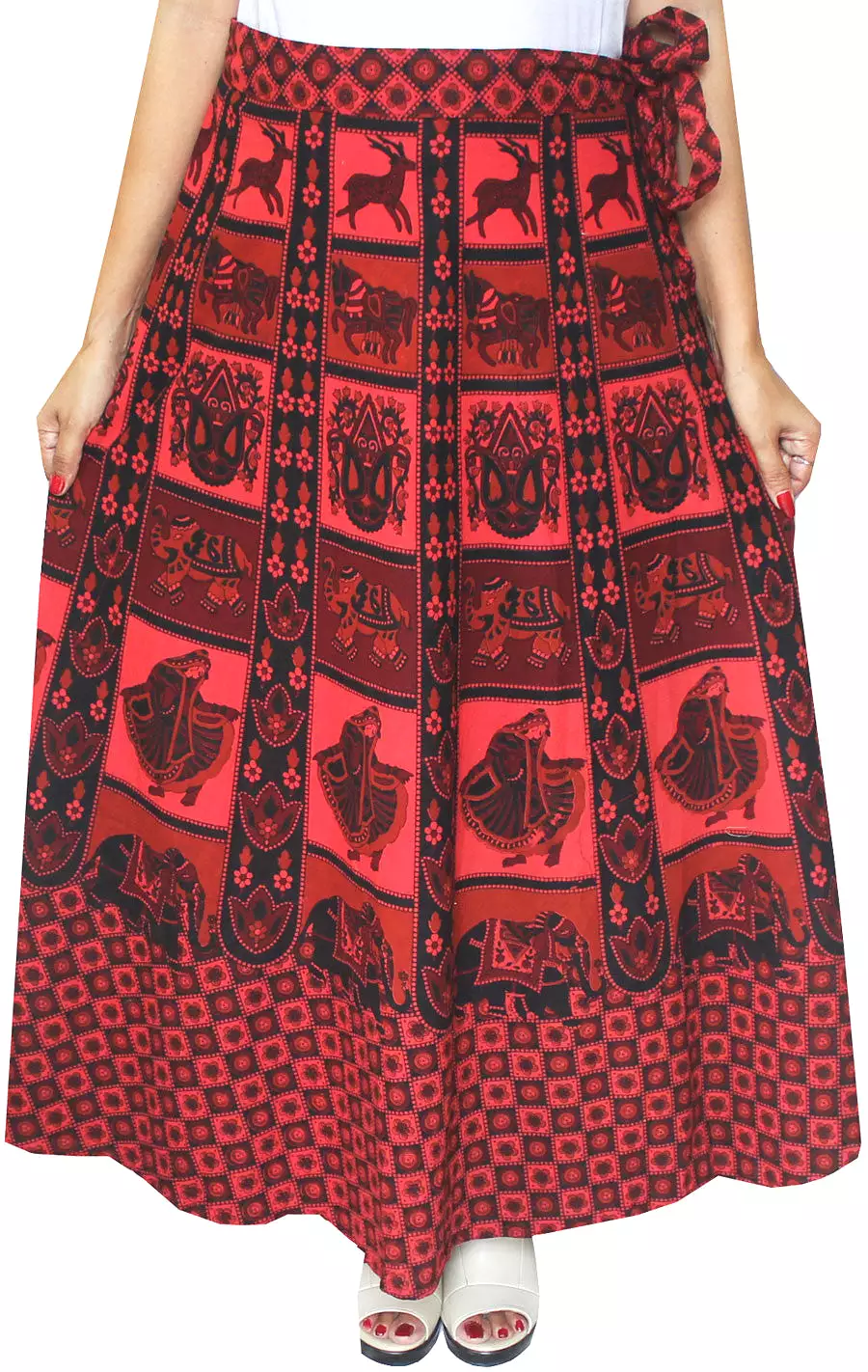 Womens Long Skirt Wrap Around Printed Cotton India Clothes (Red)